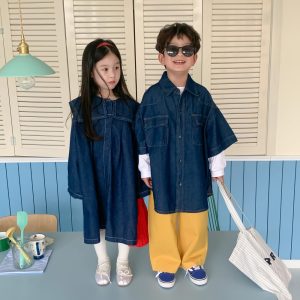 Girl Shirt 2023 Spring Boys Korean Solid Color Denim Shirt