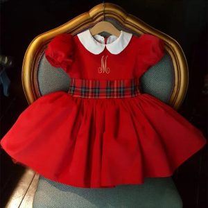 0-12Y Baby Girl Autumn Winter Red Velvet Letter Embroidery Vintage Spanish Princess Ball Gown Dress for Christmas Eid Causal