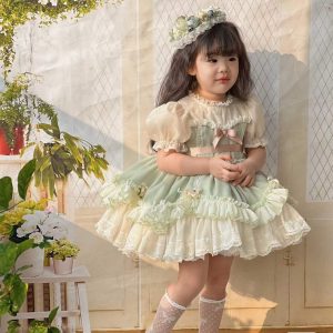 Baby Girl Summer Light Green Pink Turkish Vintage Lolita Princess Ball Gown Dress for Birthday Holiday Party Eid Photography