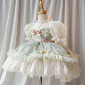 Baby Girl Summer Light Green Pink Turkish Vintage Lolita Princess Ball Gown Dress for Birthday Holiday Party Eid Photography