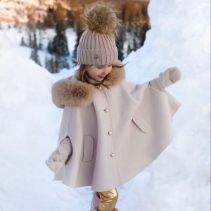 Girls Pink Cape Jacket Autumn Winter Child Outdoor Princess Thick Warm Velvet Outwear Kids Fur Collar Hooded Fashion Wool Coat